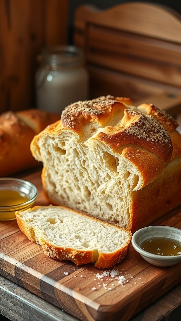 A golden-brown loaf of sourdough bread on a cutting board, sliced to show its texture, with olive oil and salt nearby.